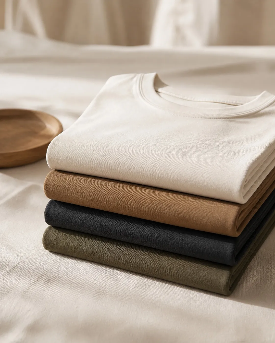 Stack of folded cotton t-shirts in earthy tones
